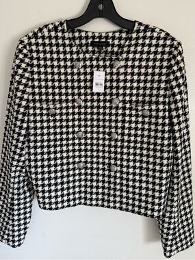 Ann Taylor Black & White Houndstooth Double-Breasted Cropped Blazer